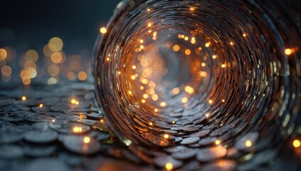 Circular arrangement of coins emitting sparks, with bokeh effects. Macro, close-up, rich detail