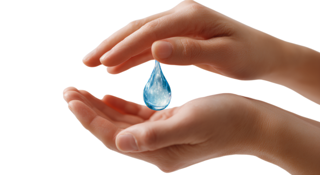  two hands gently holding and protecting a glass water droplet on a Transparent background PNG