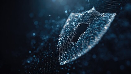 Digital shield made of glowing particles with a keyhole on a dark, blurred backdrop