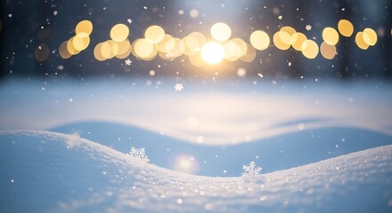 Naklejka premium Soft focus winter wonderland with gentle snowfall and warm bokeh lights in the background