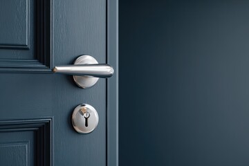 Close-up of a blue door partially open, showcasing a silver handle and keyhole