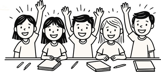 Black and white line art illustration of five cheerful students sitting at a desk, raising their hands enthusiastically while smiling and learning together.