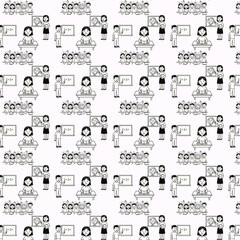 Seamless black and white school-themed pattern featuring children learning, teachers teaching, and classroom scenes, ideal for educational designs and stationery.