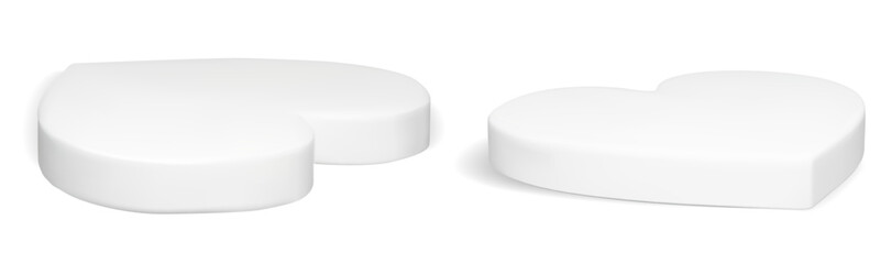 3d heart product podium. Valentine white display stand set for showcase room. Realistic floating platform. Minimal empty presentation banner. Abstract cute and modern cosmetic studio show base.