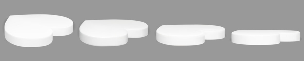 3d heart product podium. Valentine day display stand for white room. Realistic floating platform set for studio scene. Minimal empty showcase for banner. Abstract cute and modern cosmetic show base.
