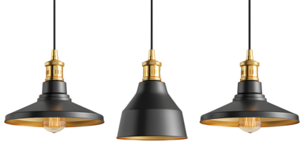  3 modern black metal hanging pendant lights, vintage industrial ceiling lamps with golden, shiny accents for a kitchen, bar, or dining room, isolated on a Transparent background PNG