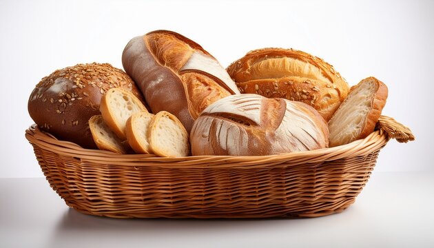 bread in a basket on white background