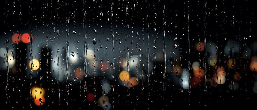 Raindrops stream down a window pane with blurred city lights in the background.