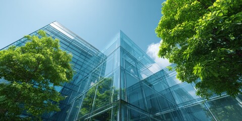 Modern Glass Building with Lush Greenery and Bright Blue Sky in Urban Setting