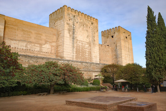 Granada, Spain - 21 Oct 2025: Alcazaba Fortress with Torre del Homenaje (Castle Keep) at La Alhambra