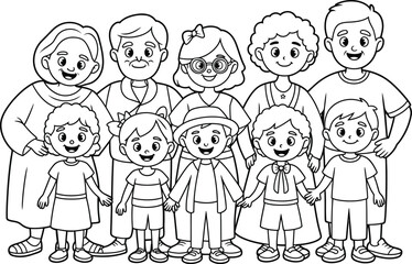 Happy family of four people with a boy and a child smiling, depicted as a cartoon vector illustration set