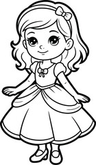 A cute cartoon princess little girl in a beautiful flower dress with a doll