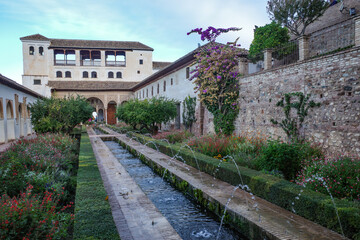 Granada, Spain - 21 Oct, 2025: Beautiful gardens in the Palacio del Generalife, Alhambra, Granada