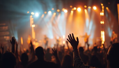 Christian Worship In Church Hall: Blurred Image Captures Believers Praising God With Raised Hands At Music Concert On Stage.