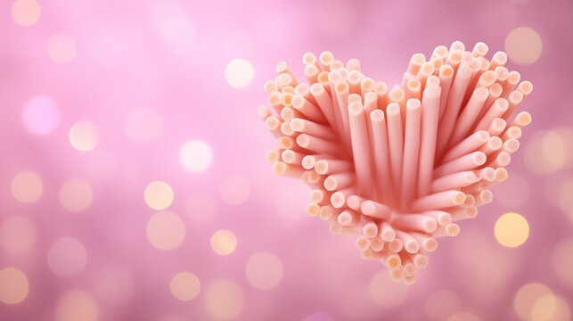 Floating Pocky sticks arranged in perfect heart shape against soft pastel pink background for romantic snack concept