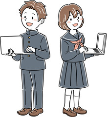 ノートパソコンを使う制服姿の男女の学生のイラスト　全身