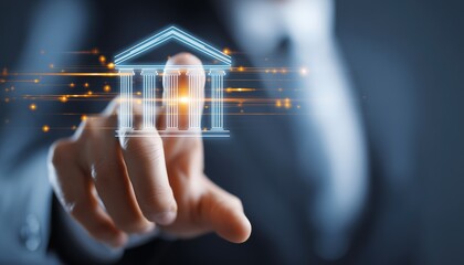 Innovative Virtual Banking Network: Embracing Technology For Future Business Growth. Enhancing Financial Data Management Through Internet Banking App. Businessman Interacting With Virtual Screen.