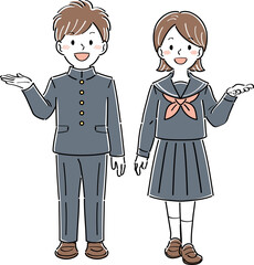 笑顔で案内・紹介するポーズをしている制服姿の男女の学生のイラスト　全身