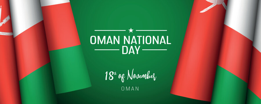 Oman national day vector banner, greeting card. Omani wavy flag in 18th of November national patriotic holiday horizontal design