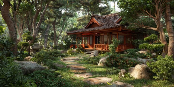 Colorful Traditional Asian House with Detailed Roof and Garden Pathway Surrounded by Trees and Rocks