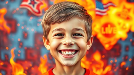 A guy is smiling in front of the US flag.