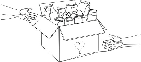 Food donation box line art, charity care package sketch, helping hands illustration, black and white vector, editable community support design