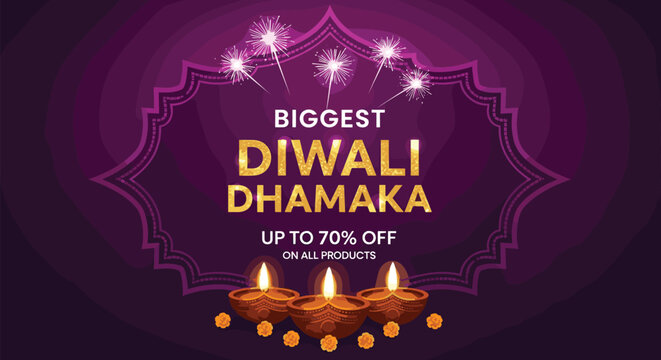 Diwali sale banner, festive discount promotion, purple background, oil lamps, marigold flowers, fireworks, biggest dhamaka, 70% off, Hindu festival