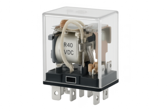 Electrical relay switch with transparent casing on transparent background