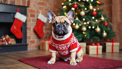 French bulldog wearing patterned sweater sitting by Christmas tree with gifts and fireplace