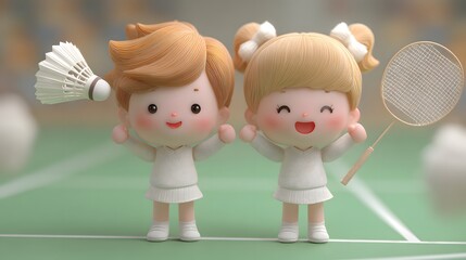 Cute Cartoon Characters Playing Badminton in Cheerful Sports Setting
