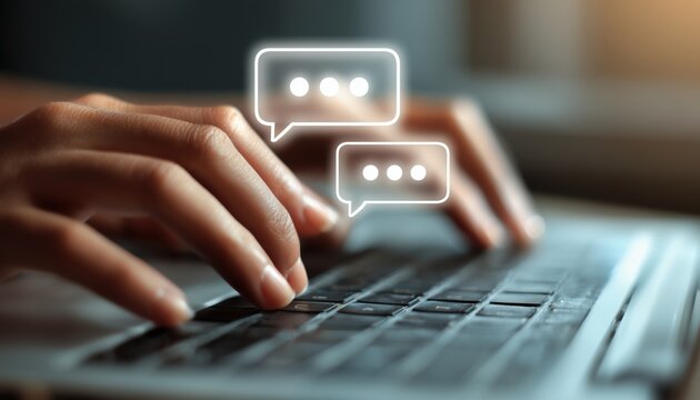Close-Up Hands Typing On Keyboard Of Laptop Computer With Chat Box On Digital Media Website, Social Network, And Live Chat Application.