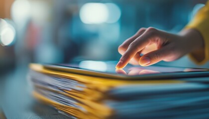 Woman Utilizing Tablet For Document Management, File Search, And Auditing, As Well As Folder Data Analysis With Hand Hovering Over Screen.