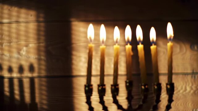 Glowing Hanukkah Menorah with Seven Burning Candles in a Dark Room.