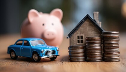 Blue Car Displayed Alongside Piggy Bank And Coins, Representing Property And Wealth In Real Estate And Financial Affairs.