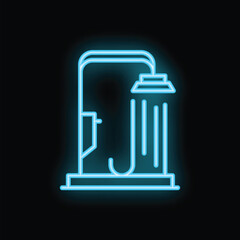 Blue neon sign of a public shower glowing on a black background