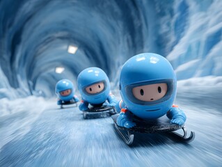 Cute Cartoon Characters Racing on Sleds in Icy Tunnel Adventure
