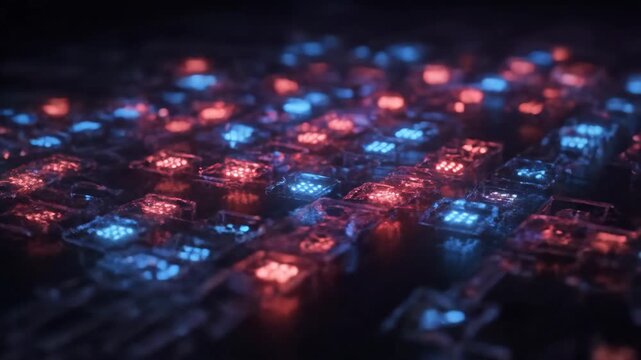 Abstract Cyberpunk Keyboard Close-Up with Red and Blue LED Backlighting