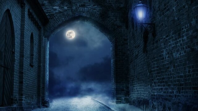 spooky medieval wall in moonlight with fog at night, spooky motion design backdrop for halloween or moonshine party with copy space