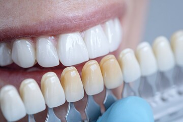 Smiling individual showcasing bright white teeth next to dental shade guide, highlighting dental aesthetics and color matching in oral care and cosmetic dentistry practices