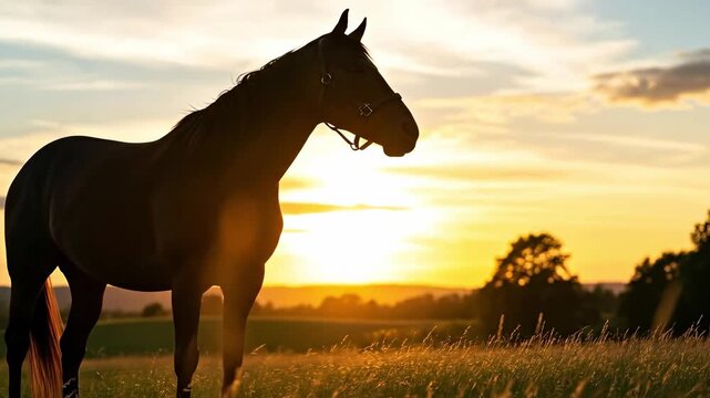 Majestic Black Horse Silhouetted Against a Golden Sunset in an Open Meadow with Distant Trees and Rolling Hills