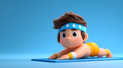 Playful cartoon character practicing yoga on blue mat background