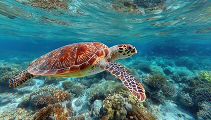 Obraz premium Hawksbill Turtle Underwater Gliding In Maldives Indian Ocean Coral Reef: Eretmochelys Imbricata'S Subaquatic Journey