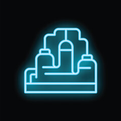 Glowing neon icon representing an industrial factory processing raw materials on a black background