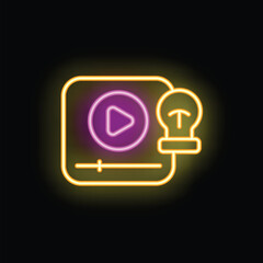 Glowing neon icon of a video player with a play button and a light bulb, representing online education and e learning