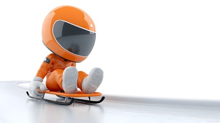 Cartoon Character in Orange Suit Sliding on Sled in Winter Adventure