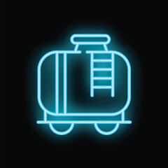 Neon icon of railroad tank car with ladder, glowing wagon for transportation of liquid cargo
