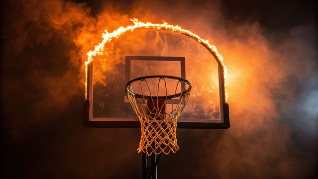 Fiery hoop glow, basketball rim blaze, net burn, smoke swirl, urban court drama with fire, night heat pulse, intense sport energy - Powered by Adobe