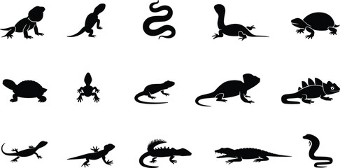 Reptile and amphibian silhouettes, black animal icons, lizard and snake graphics, turtle shapes, nature symbols, minimal wildlife design, vector set