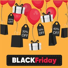 black friday sale poster with shopping bags and balloons helium vector illustration