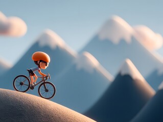 Cartoon Character Cycling on Hills with Snow-Capped Mountains Background